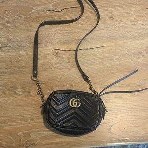 Gucci Black Chevron Marmont Crossbody Bag with Gold Chain